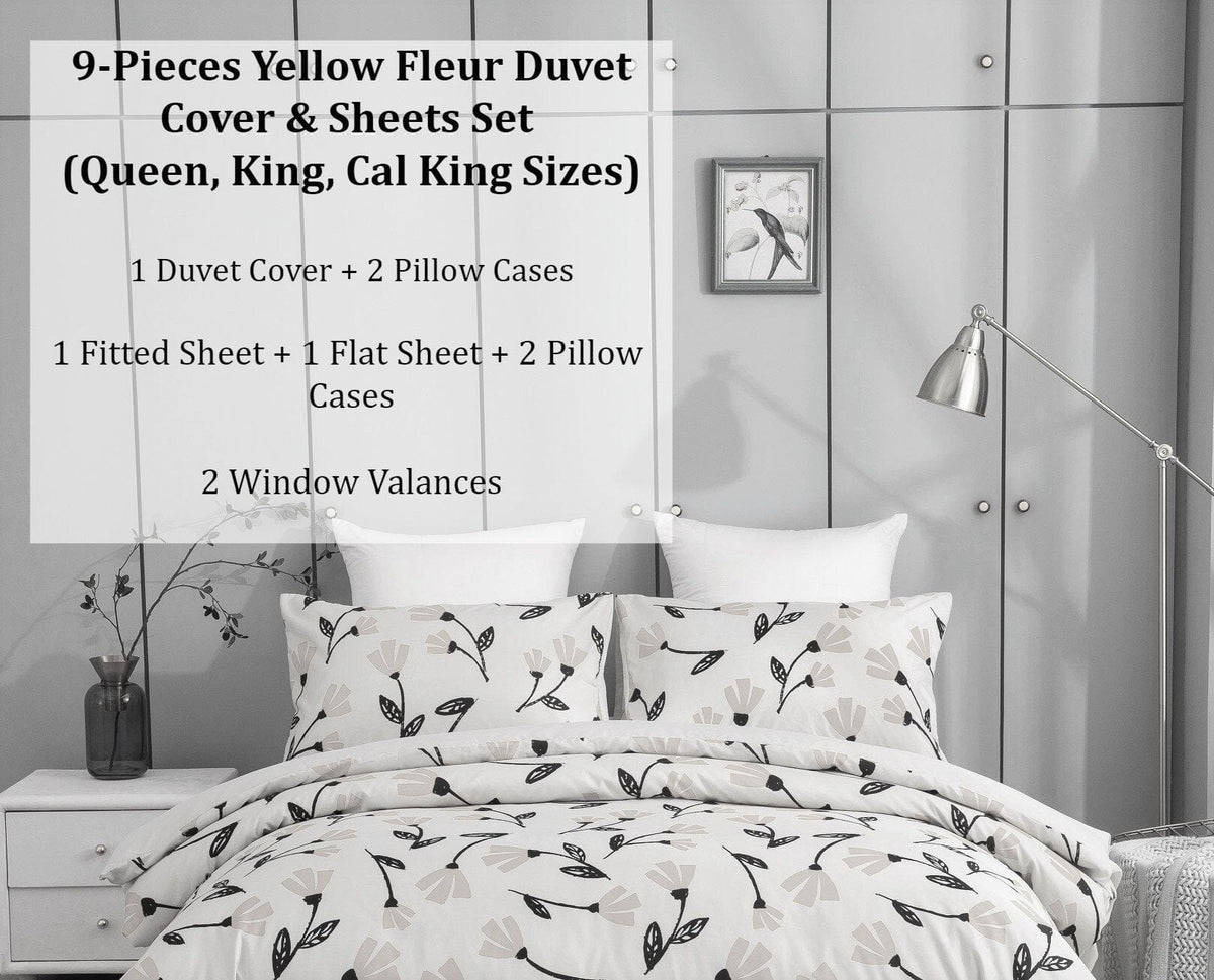 DaDa Bedding Yellow Fleur Duvet Cover, Sheets & Valance Set