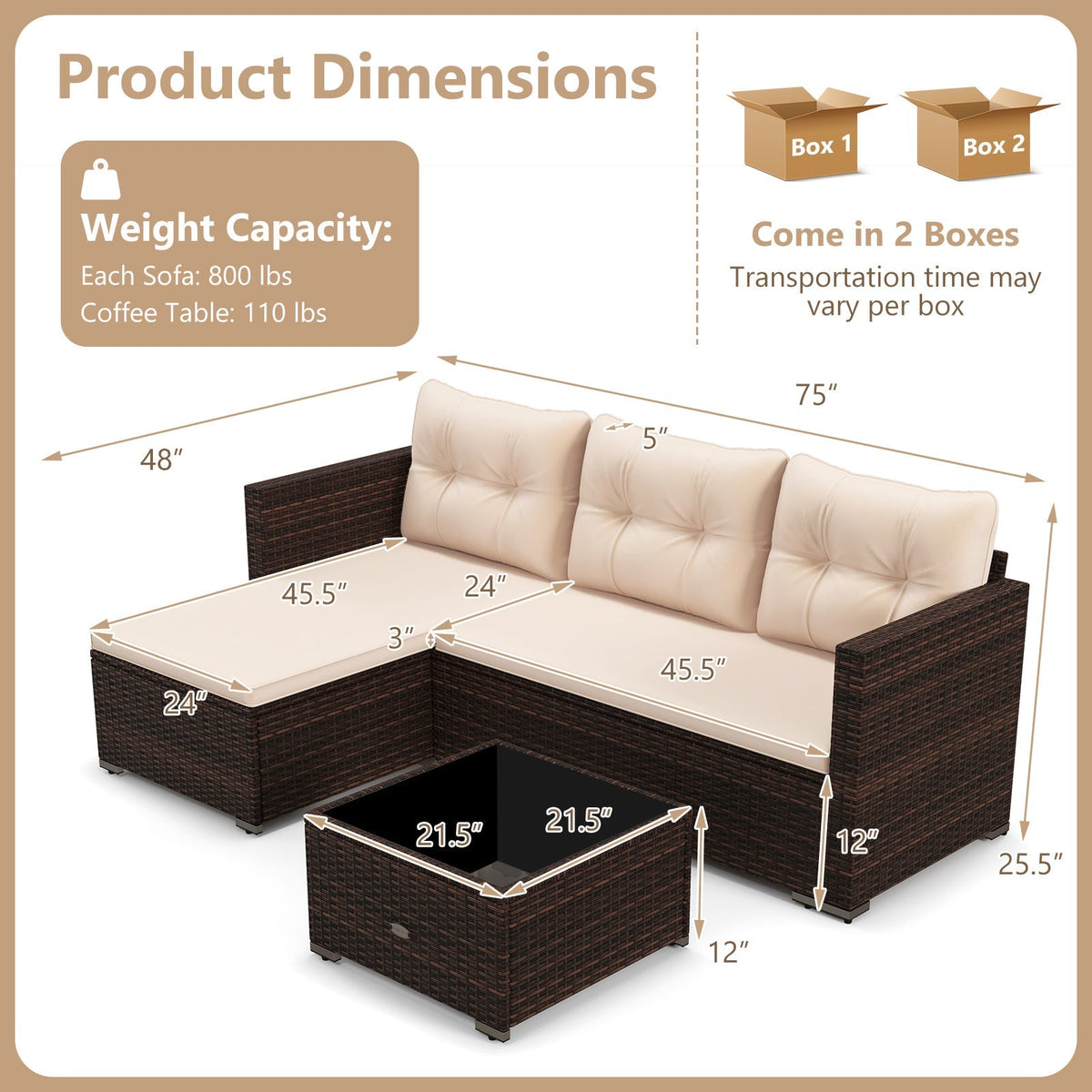4 Seats Outdoor Wicker Furniture Set with Tempered Glass Coffee Table and Soft Cushions-Beige