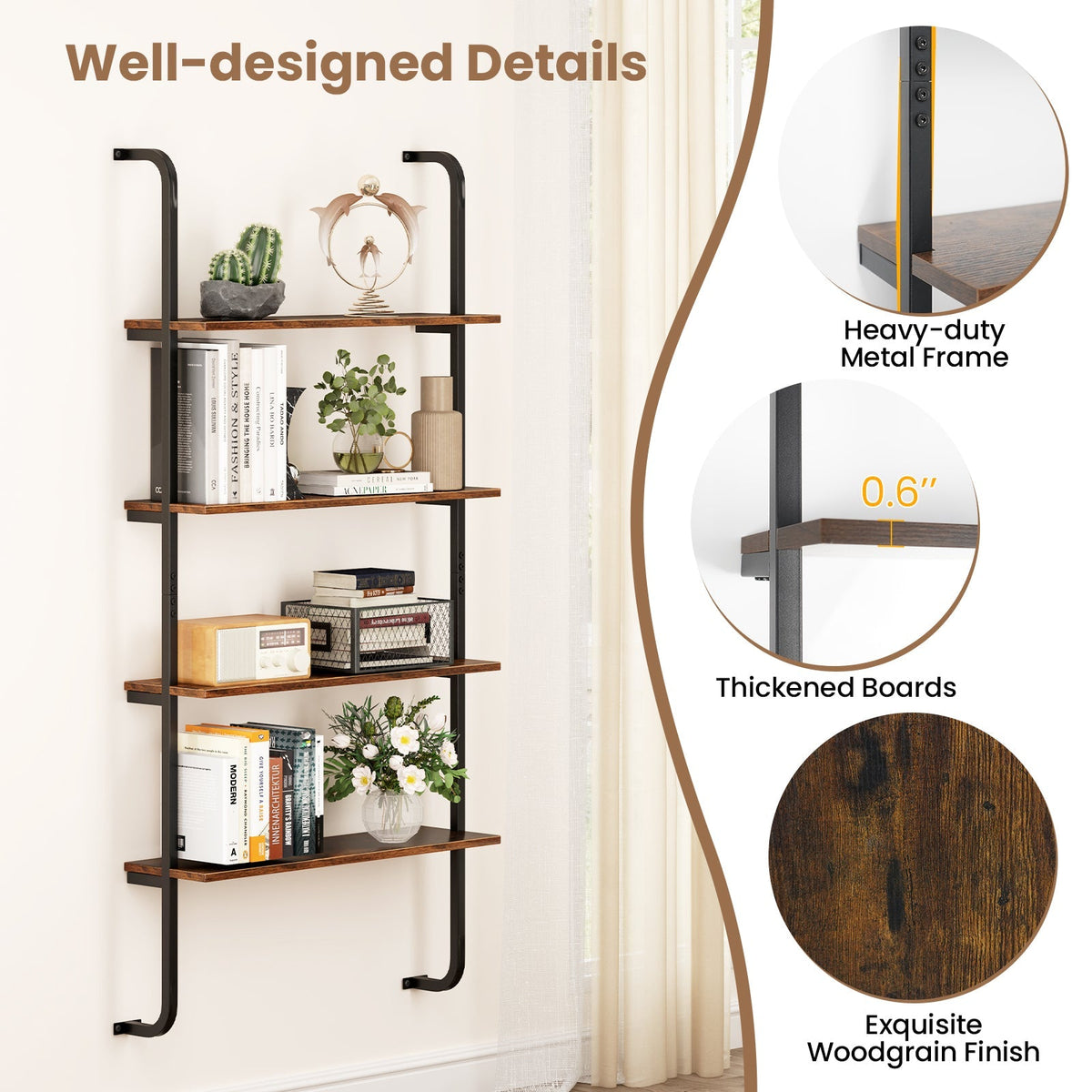 4-Tier Industrial Pipe Shelving with Metal Frame for Living Room Kitchen