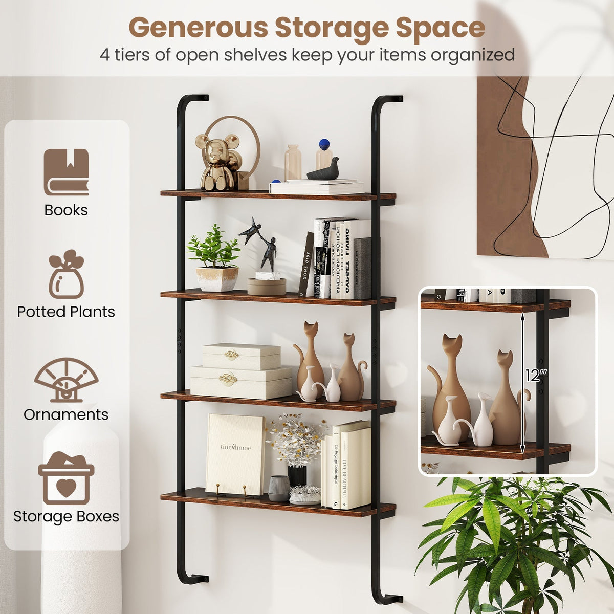 4-Tier Industrial Pipe Shelving with Metal Frame for Living Room Kitchen