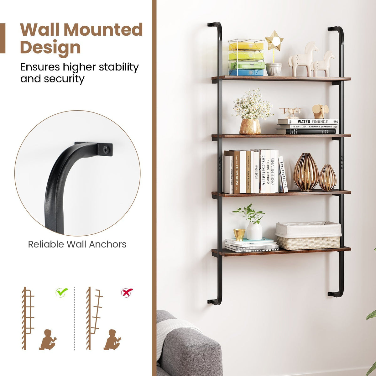 4-Tier Industrial Pipe Shelving with Metal Frame for Living Room Kitchen