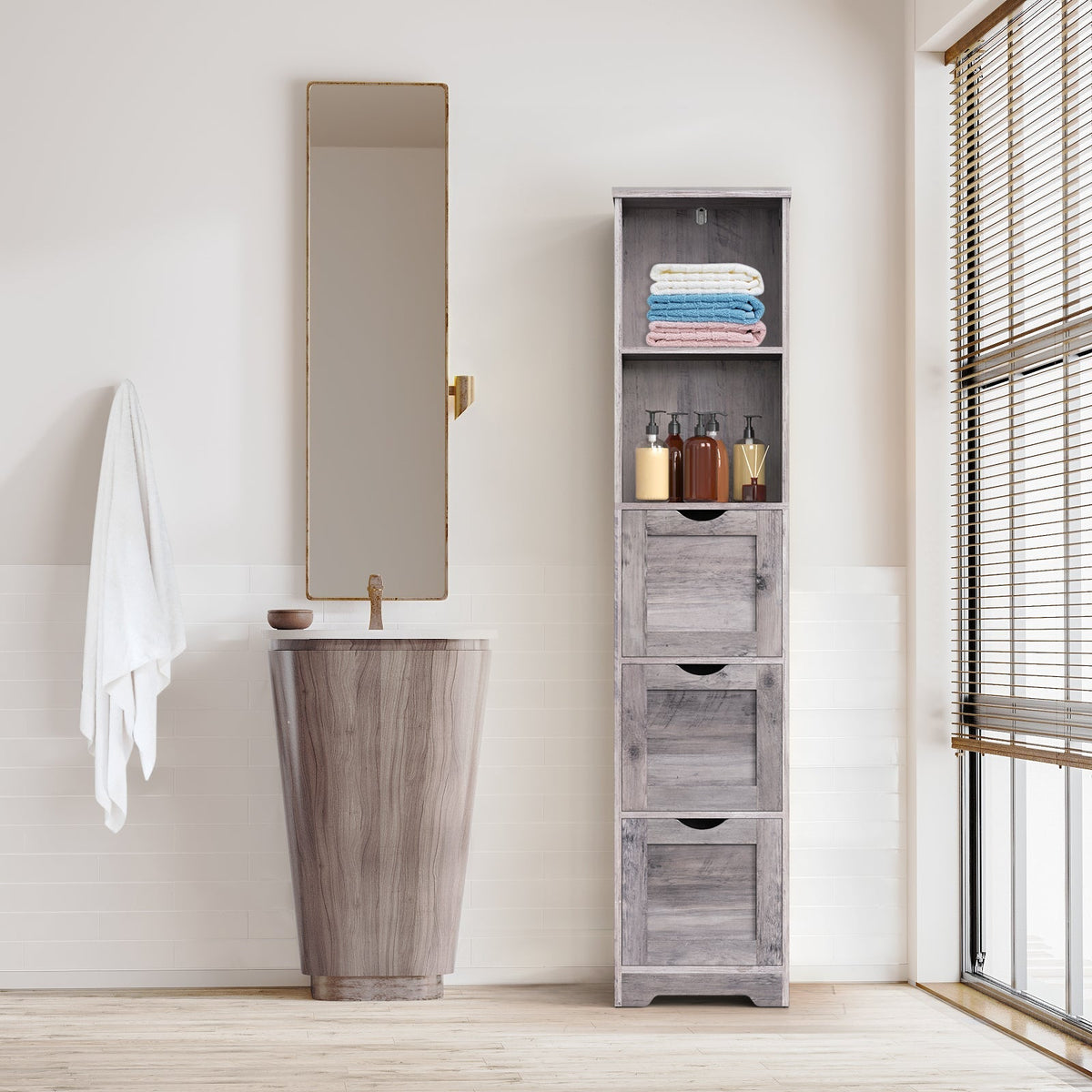 Bathroom Floor Cabinet with 3 Drawers 2 Shelves, Tall Narrow Bathroom Kitchen Pantry Storage Cabinet with Open Compartment Grey
