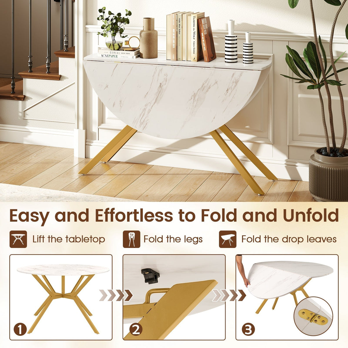 Folding Dining Table 47 Inch Extendable Round Kitchen Table with Drop Leaves