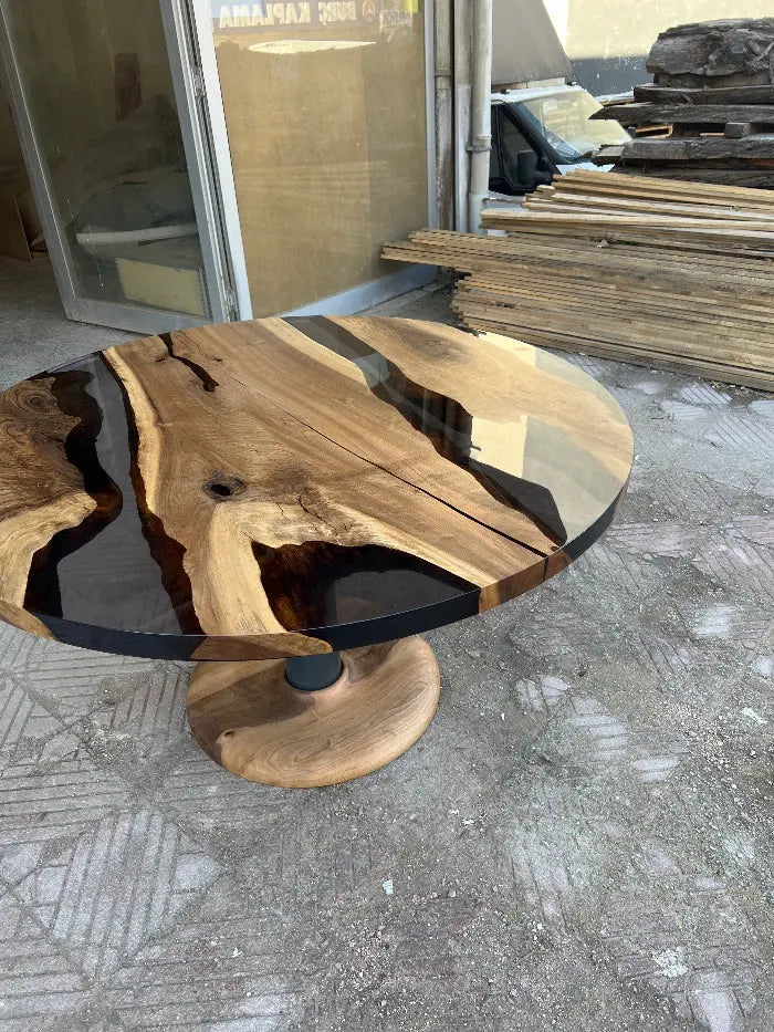 Custom Round Epoxy Resin Walnut Dining - Kitchen Table With Wood Base