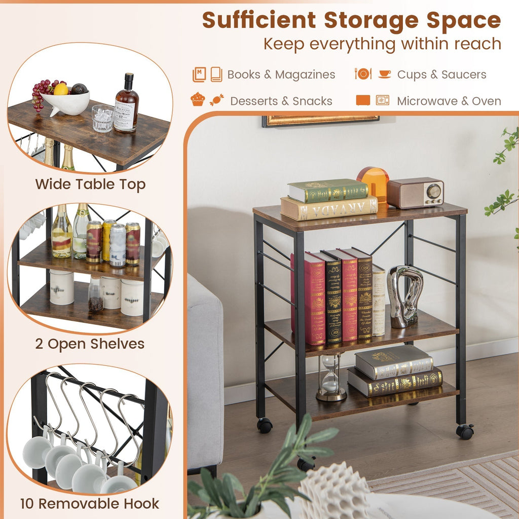 3-Tier Kitchen Baker's Rack Microwave Oven Storage Cart with Hooks