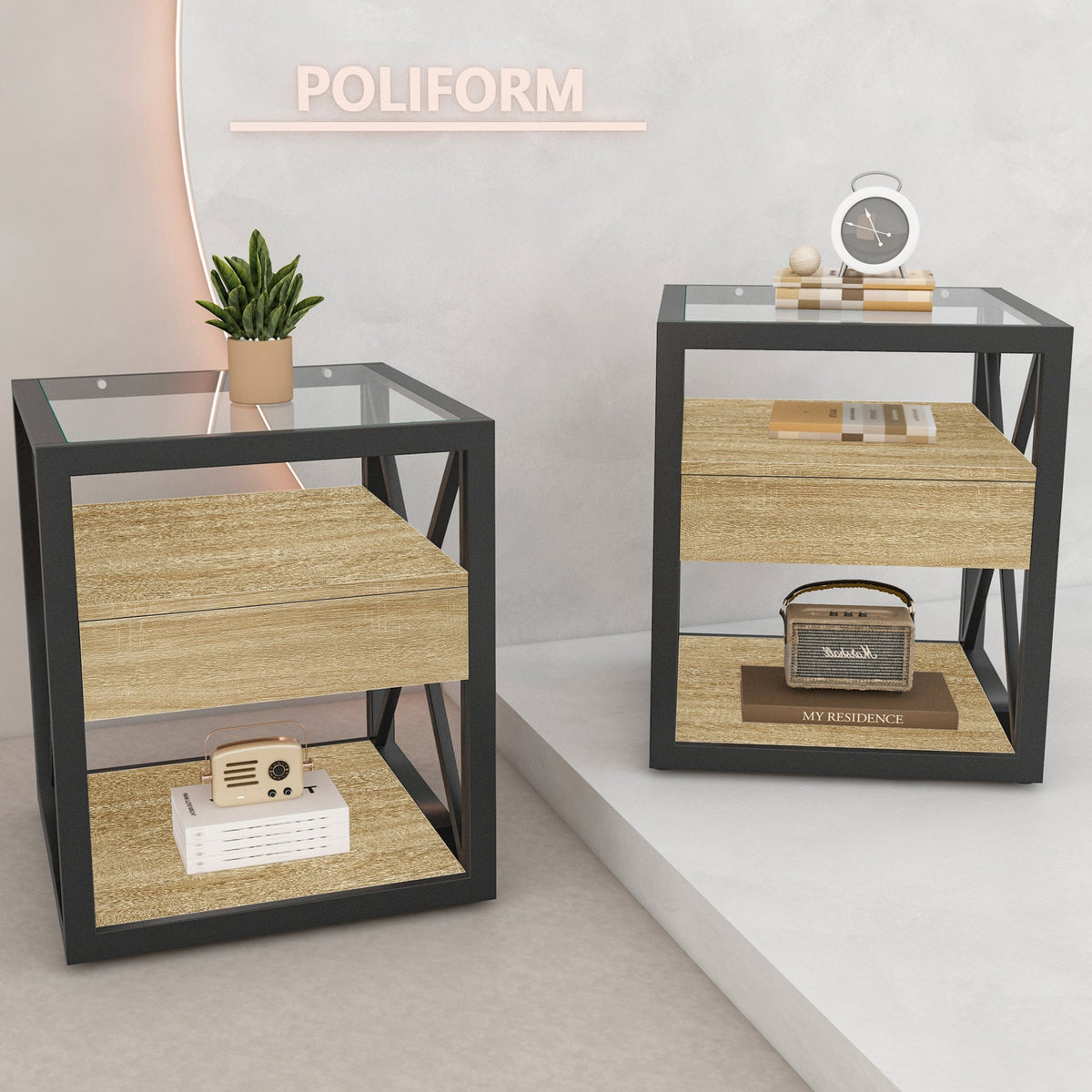 Set of 2 Modern End Tables with Drawer - Nightstands for Bedroom & Living Room