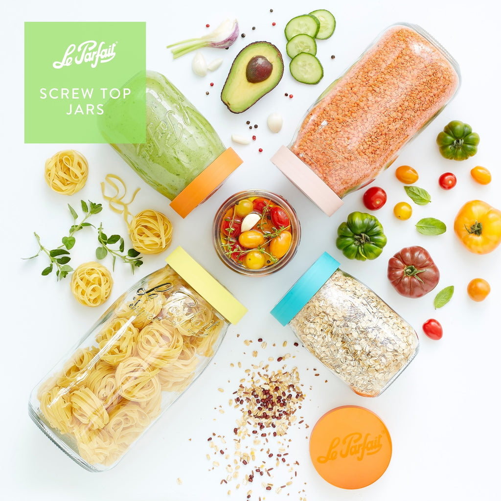Le Parfait Screw Top Jars, French Glass Storage Jars with Colorful Airtight Screw Lids